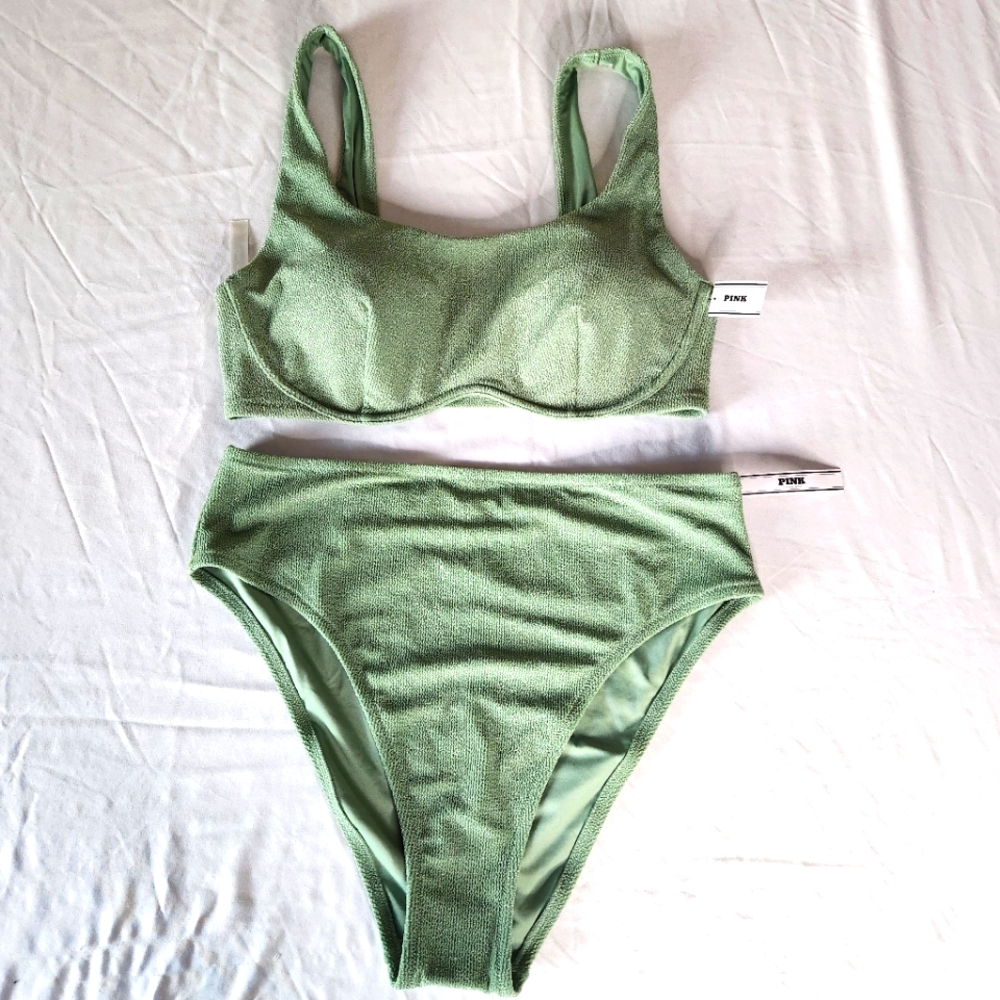 PINK Victoria's Secret Swim NWT Green Metallic 2 Piece Bikini XXL $69.90 New